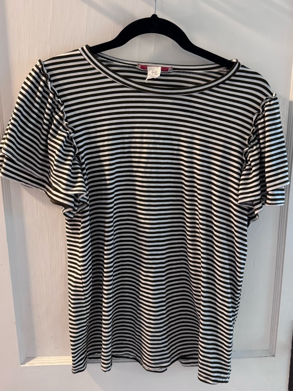 Green Envelope Casual Couture Green & White Striped Tee Ruffle Sleeves - Large